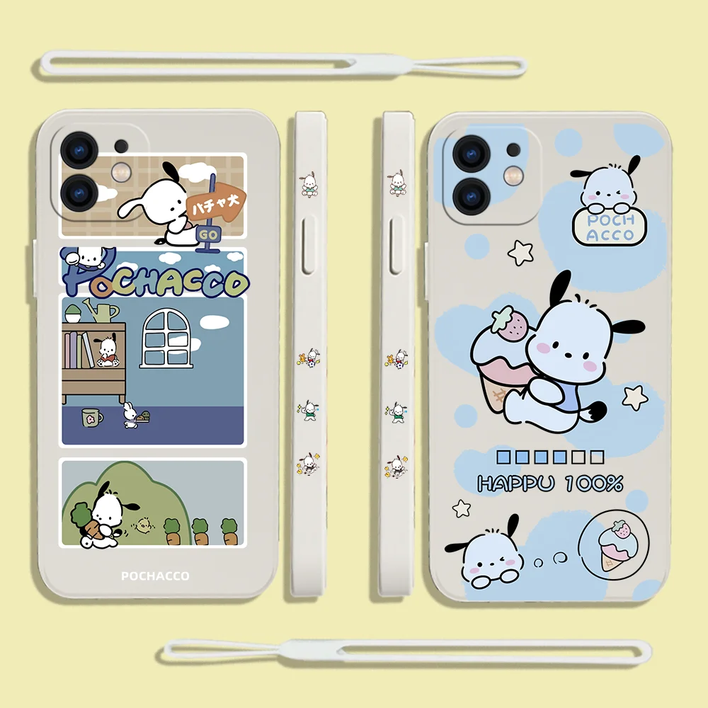 

Sanrio Pochacco Phone Case For iPhone 14 13 12 11 Pro Max Mini X XR XS MAX SE20 8 7 Plus 6 Plus Silicone Cases with Hand Strap