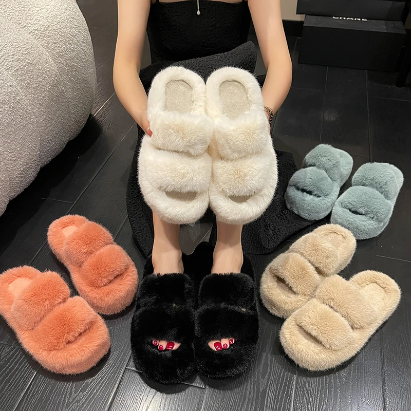 

Warm Faux Fur Ladies House Slippers Female 2022 Autumn Home Shoes Women Cross Soft Plush Furry Open Toe Slides Fashion Shoes