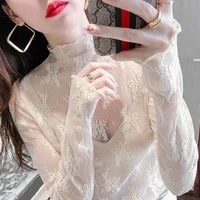 white half high collar lace bottomed blouse women summer style with wooden mesh wispy sexy ears empty