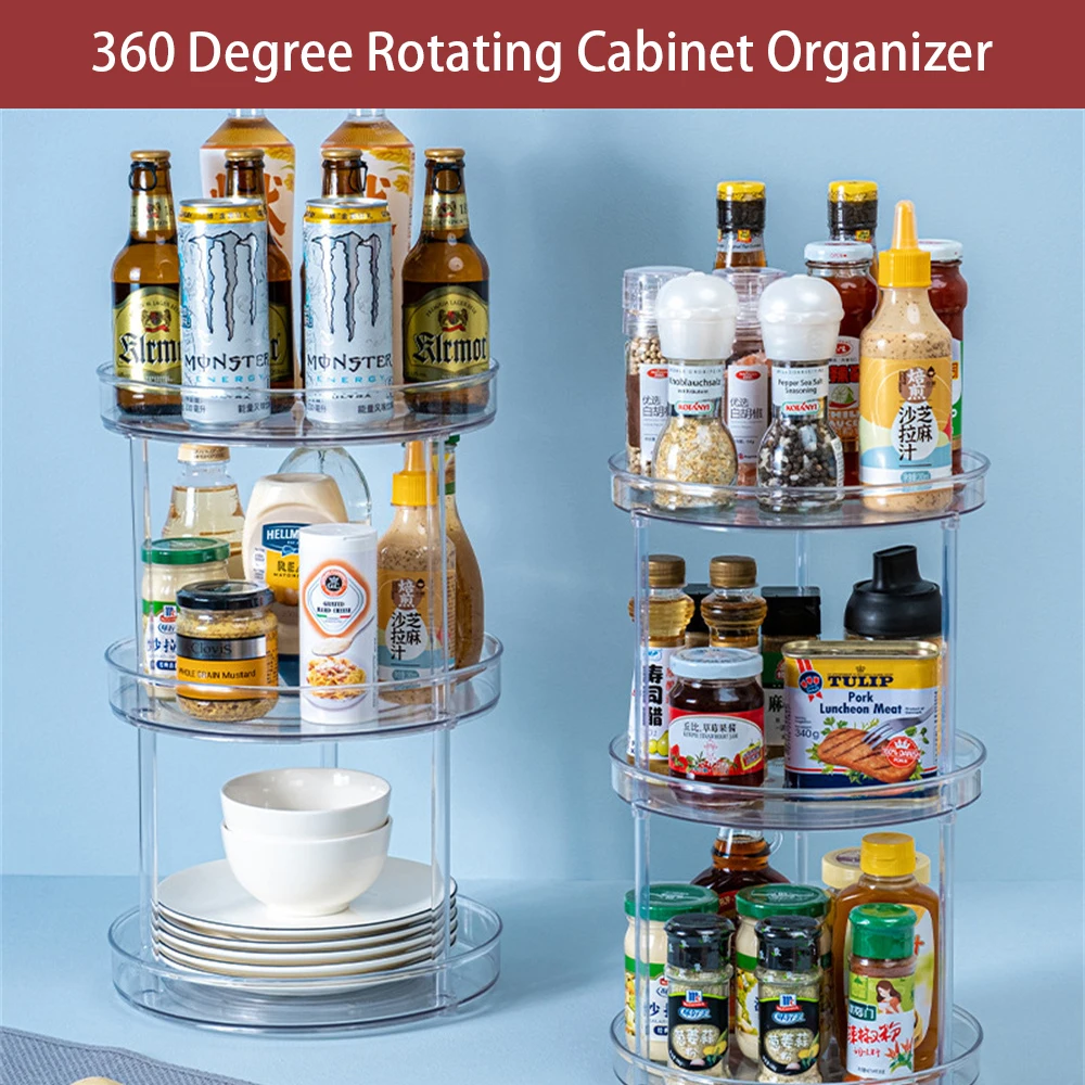 

1Pc 360 Rotation Cabinet Turntable Organizer Storage Spice Rack Drink Cosmetic Storage Rack PET Transparent For Kitchen Bathroom