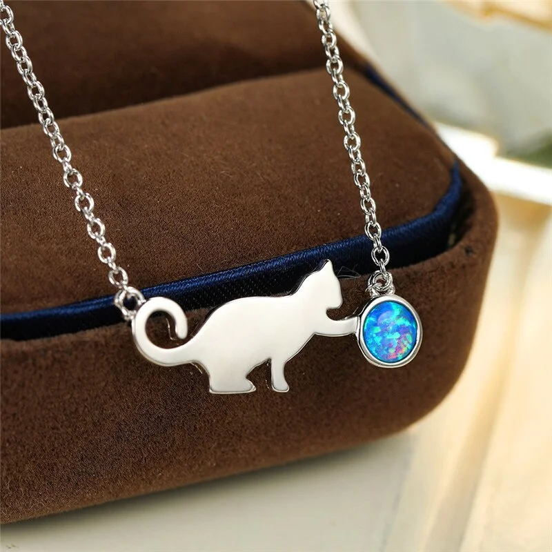 

Cute Female Blue Imitation Opal Cat Pendant Necklace Trendy Silver Color Chain Necklaces For Women Bridal Wedding Jewelry