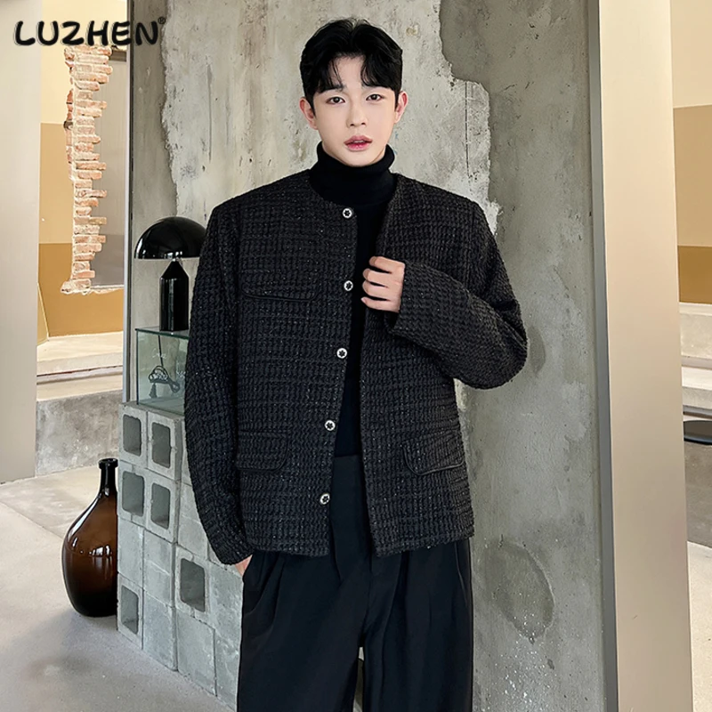 

LUZHEN Slim Men Blazers Long Sleeve Knit Coat Premium Casual Top Male Jacket Korean Style Collarless Suit Coat Trend New D8888d