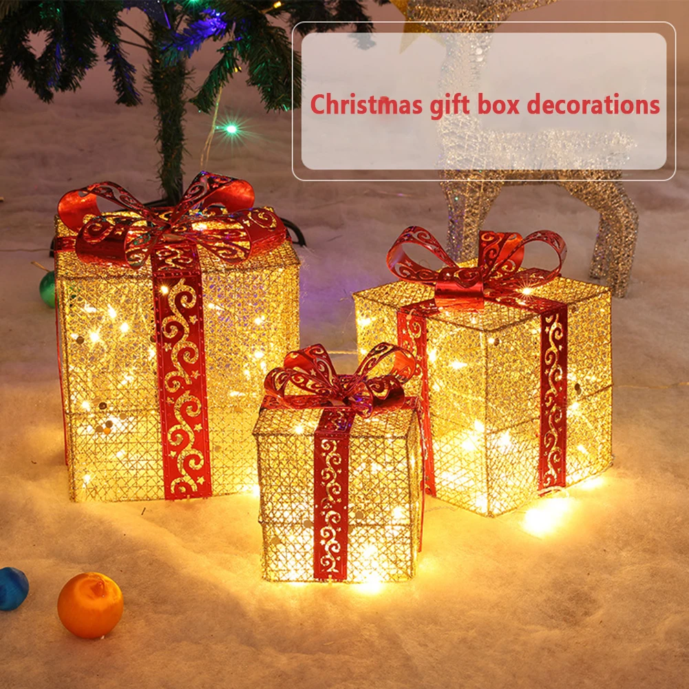 

3pcs Christmas Lighted Gift Boxes With Bow Christmas Lighting Box Ornament For Home Indoor Porch Party Decoration