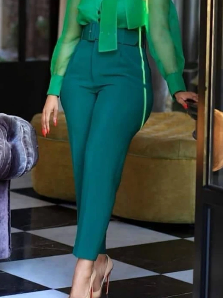 Брюки женские с завышенной талией и поясом элегантные модные офисные штаны в