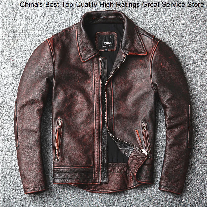 

Layer Cowhide Leather Jacket Top Men Genuine Leisure Corium Coat Vintage Distressed Spring Autumn Motorcycle Swallow Tailed Suit