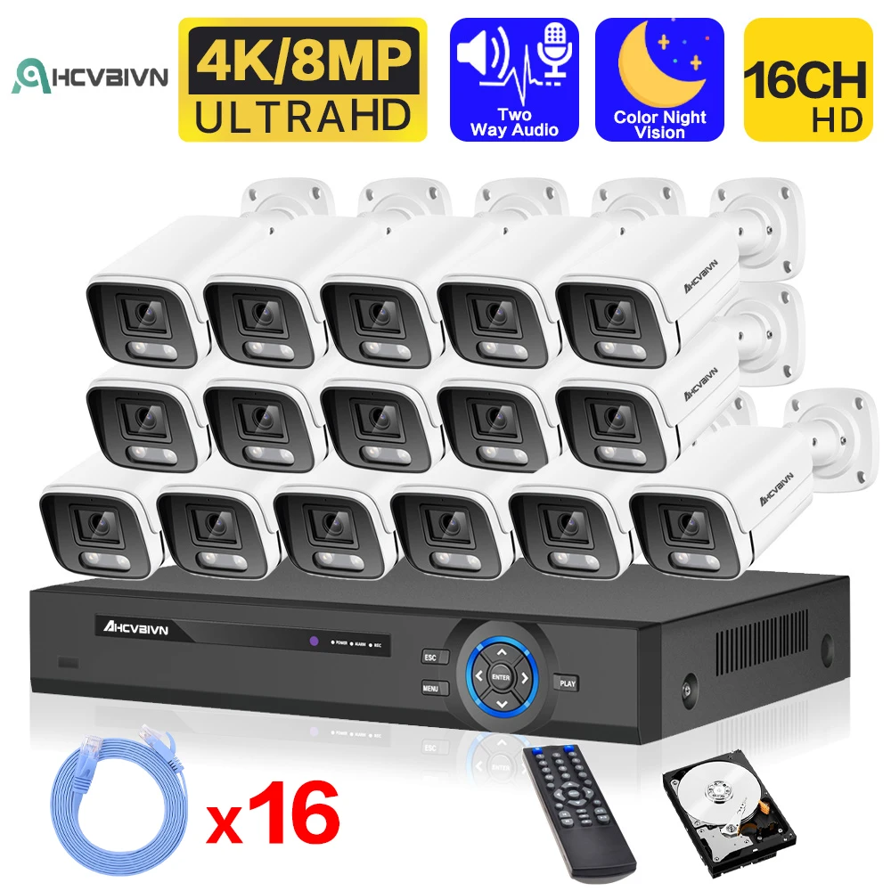 

Комплект камер видеонаблюдения 16 каналов 4K NVR 8 Мп с цветным ночным видением и поддержкой POE
