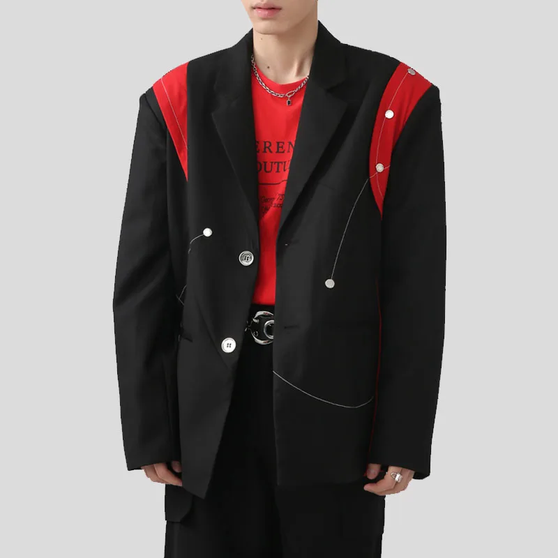 

2022 Autumn New Blazers Men Split Line Metal Button Shoulder Pad Streetwear Fashion Hip Hop Loose Casual Suit Blazers Jacket