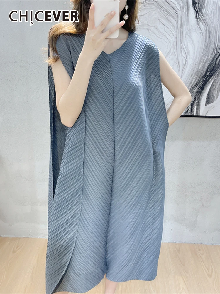 

CHICEVER Patchwork Casual Dresses For Women V Neck Sleeveless High Waist Straight Loose Folds Mini Dress Female Summer Clothes