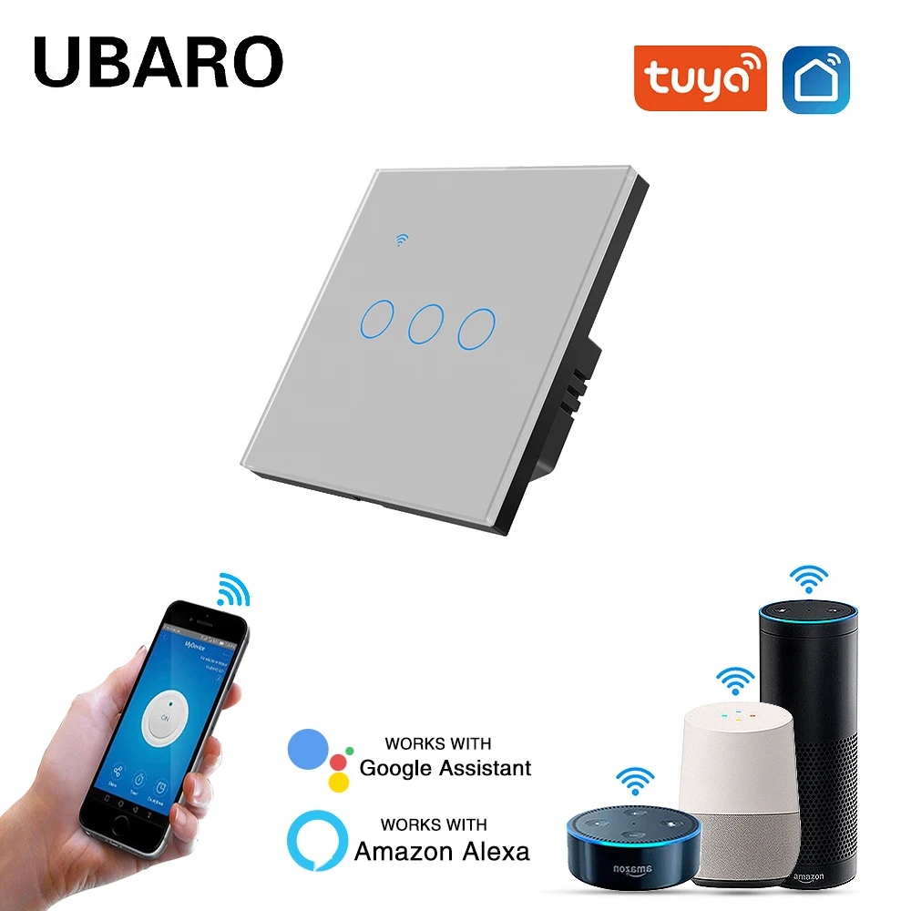 Необходимый нейтральный провод ЕС 3Gang UBARO Tuya Умный дом WIFI Настенный выключатель