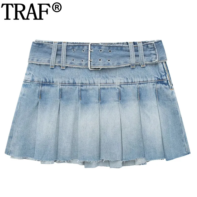 

TRAF 2023 Blue Denim Mini Skirts For Women High Waist Pleated Short Skirt Woman Streetwear Belt Jean Skirt Summer A Line Skirt