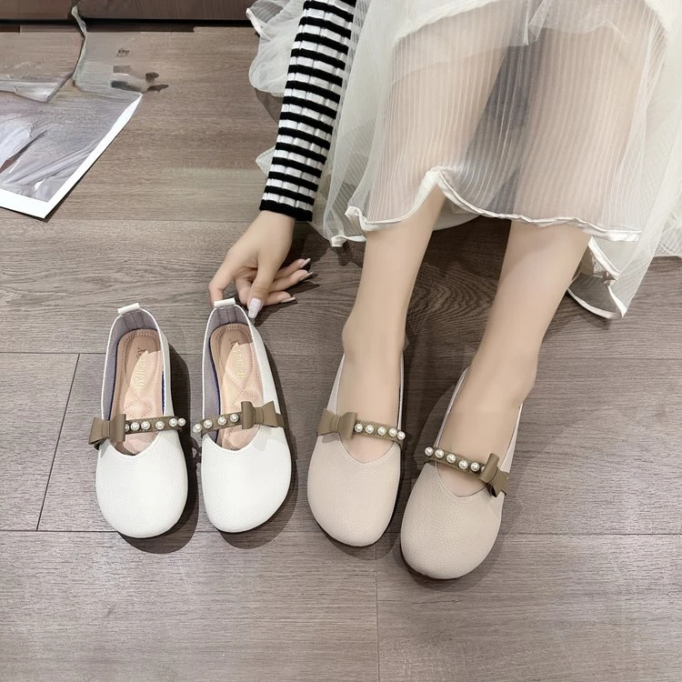 

Женские уличные туфли Мэри Джейн, повседневные туфли на плоской подошве с жемчугом и бантом-бабочкой, Дамская обувь без застежек на мягкой подошве, 2023