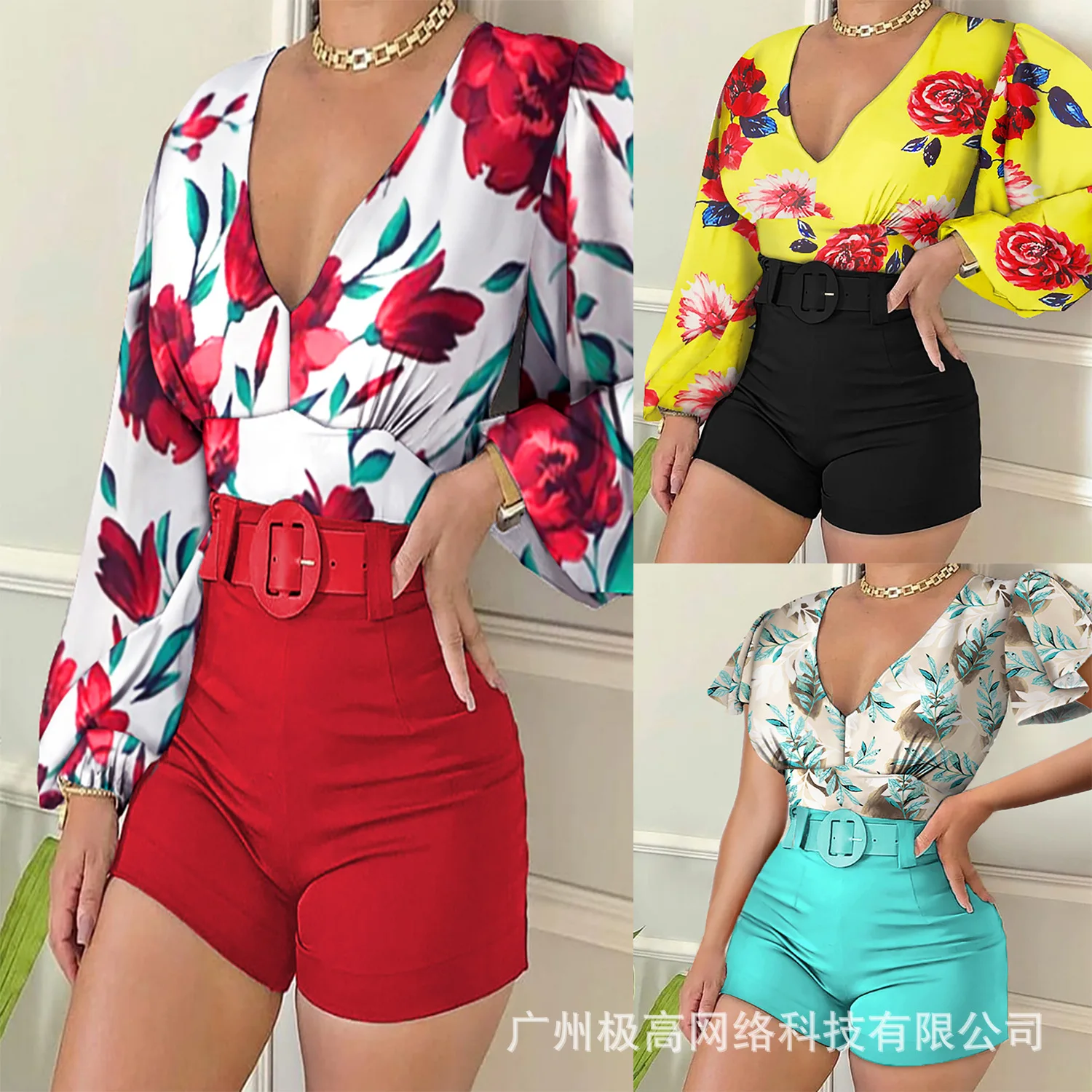 

Floral Print Casual Track Suits Woman 2021 Autumn Long Sleeve V Neck Top & Shorts Set With Belt Women Outfits 2 Pieces Set
