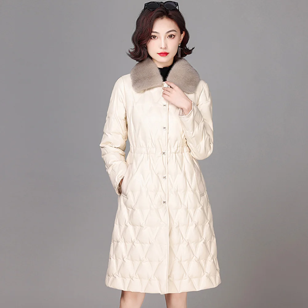New Women Leather Down Coat Winter Casual Fashion Mink Fur Collar Drawstring Adjustable Waist Down Coat Slim Thick Outerwear
