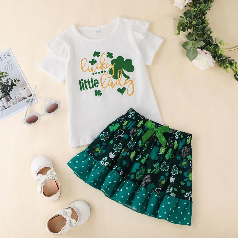 

2022 Summer Children Sets Short Sleeve O Neck Letter T-shirt Print Clover Skirt 2Pcs Roupa Infantil Menina Clothes Sets 1-8T