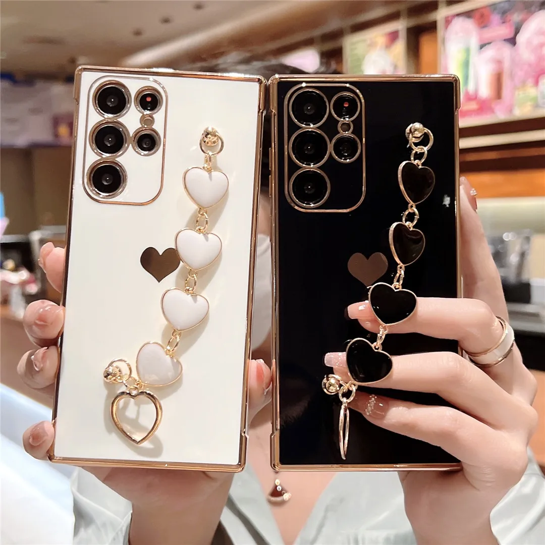 

Soft Bracelet Love Heart Case For Samsung Galaxy S22 Ultra S21 S20 FE A52 A53 S22 S21 Plus A13 5G A12 Electroplated Bumper Cover