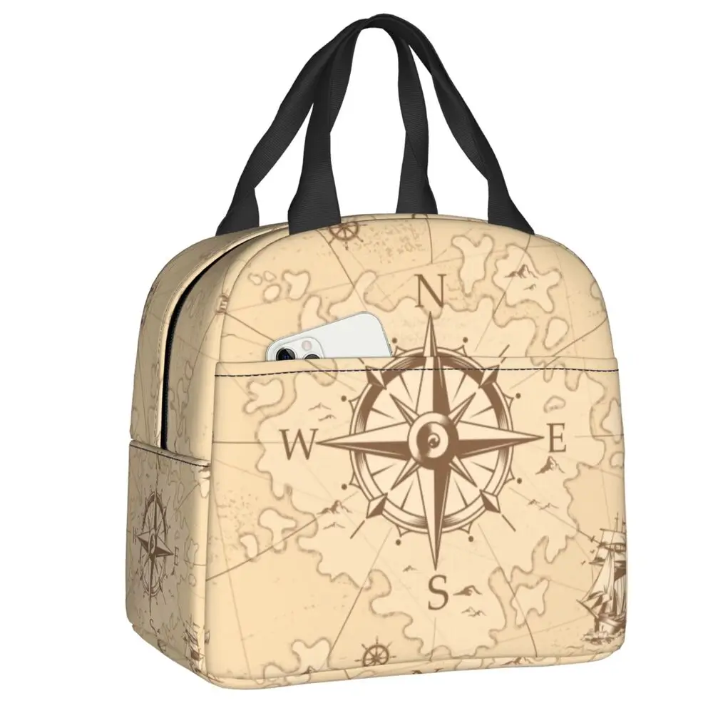 

Vintage Pirates Map Insulated Lunch Bag Nautical Compass Anchor Portable Cooler Thermal Lunch Box for Women Children Food Tote