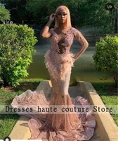 luxury appliques crystal mermaid prom dresses eleange long sleeve lllusion feathers black girls evening gowns party dress
