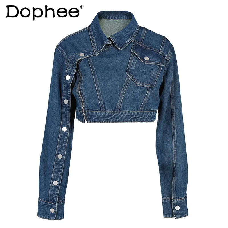 

Retro Denim Coats Heavy Industry Design Diagonal Buckle Short Coat Autumn Personality Stitching Casual All-Matching Jeans Jacket
