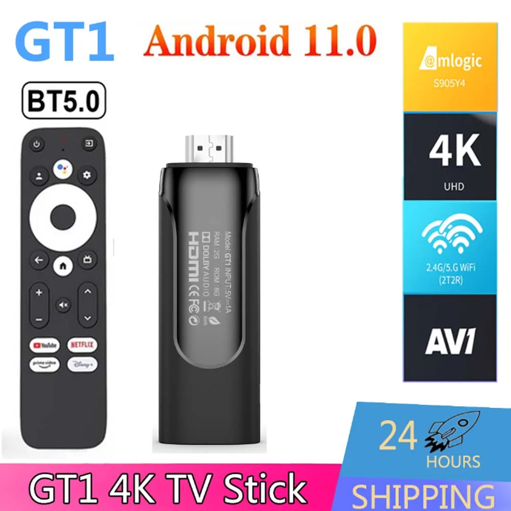 GT1 TV Stick 4K HD Streaming Android Stick Amlogic S905Y4 2.4G&5G Dual WiFi BT5.0 AV1 High Performance Media Player