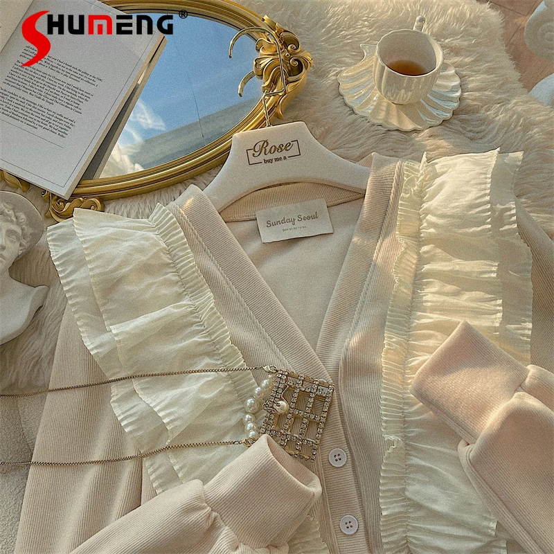 

French Girlish Style Ruffled Pleated V-neck Short Knitted Cardigan Top 2022 Spring New Fashion Elegant Butterfly Sleeve Sweater