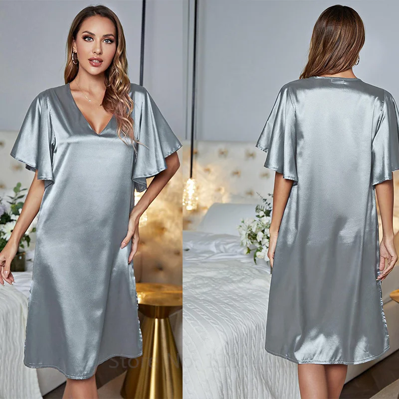 Women Solid Sleepdress Sexy V-Neck Nightgown Satin Sleepwear Summer Home Dressing Gown Lady Loose Nightwear Intimate Lingerie