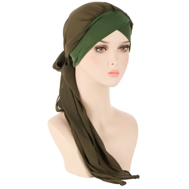

Foreign Trade New European and American Flower Cloth Forehead Cross Toque Solid Color Fashion Chiffon Long Tail Toque