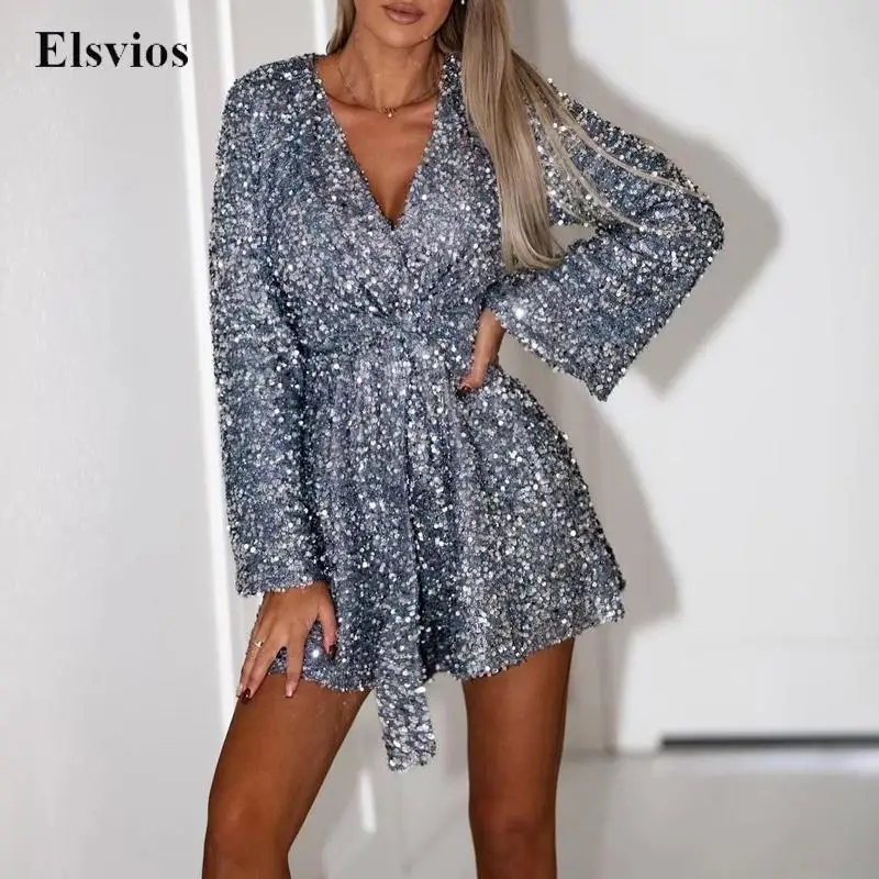 

Fashion Belted Loose Shorts Romper Overalls Sexy V Neck Shiny Sequin Party Playsuit Women Elegant Long Sleeve Jumpsuit Bodysuits