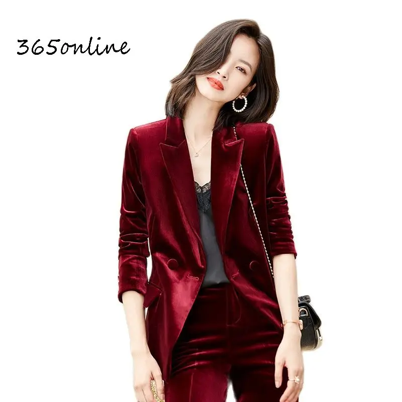 High Quality Velvet Formal Uniform Designs Women Pantsuits Long Sleeve Autumn Winter Blazers Professional Interview Clothes