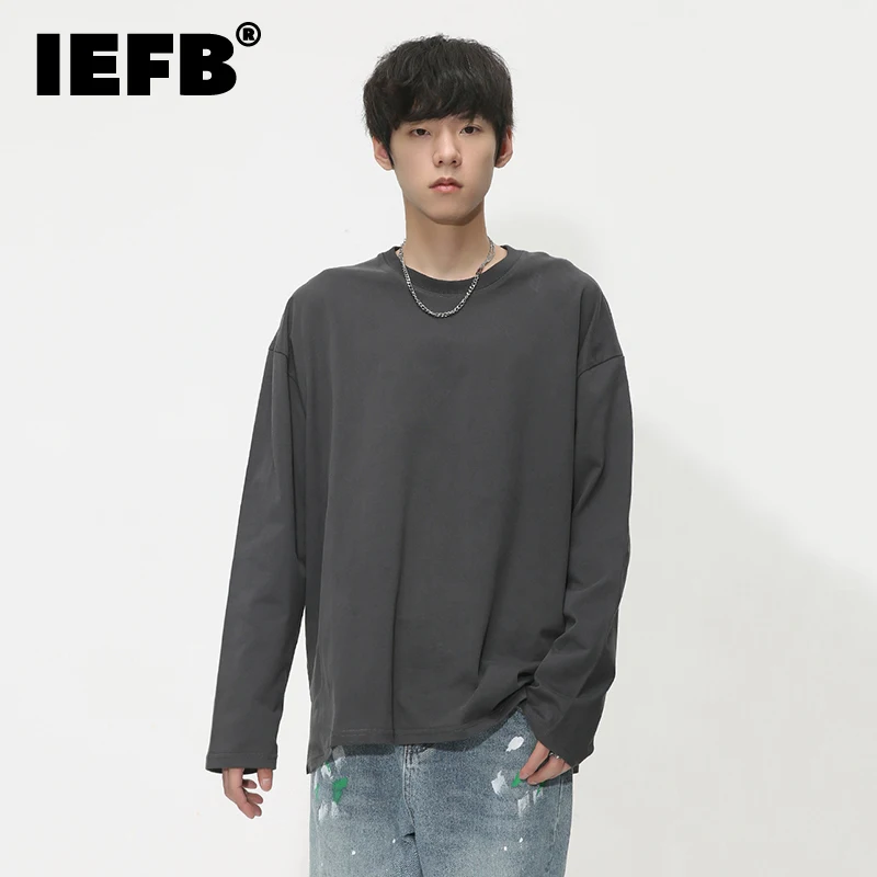 

IEFB Long Sleeve T-shirts Trend Men's Fashion Clothing Early Autumn Solid Color Loose Top Korean Casual Underlay Pullover 9C1139