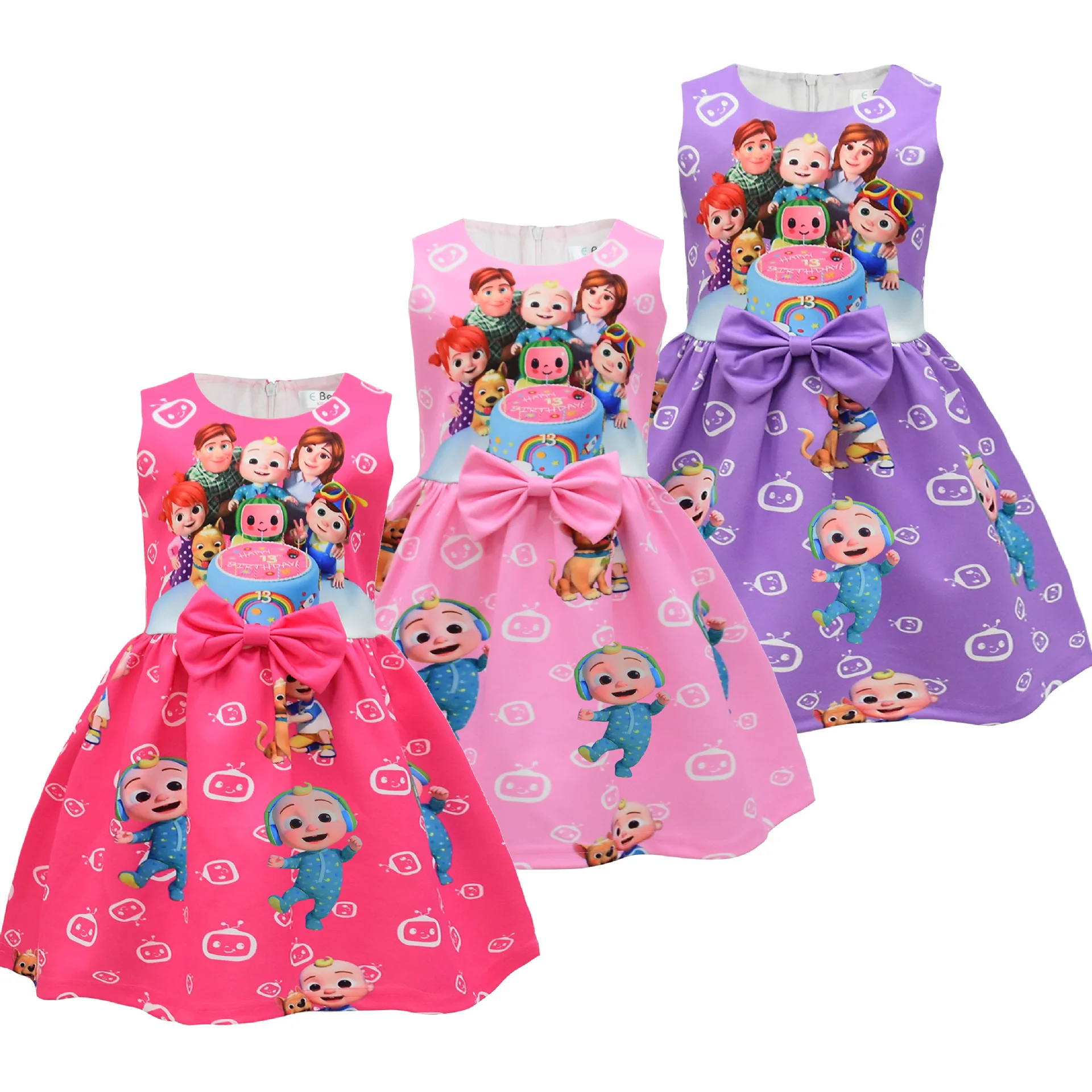 High Quality Girls Princess Dress Cute Cartoon Cocomeloned Printed Fancy Skirt Charm Children Bow Birthday Party Dress