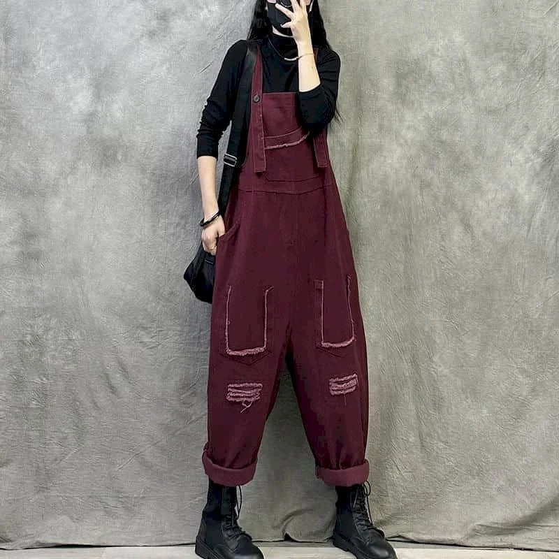 Однотонные Комбинезоны для женщин винтажные прямые брюки в стиле Харадзюку