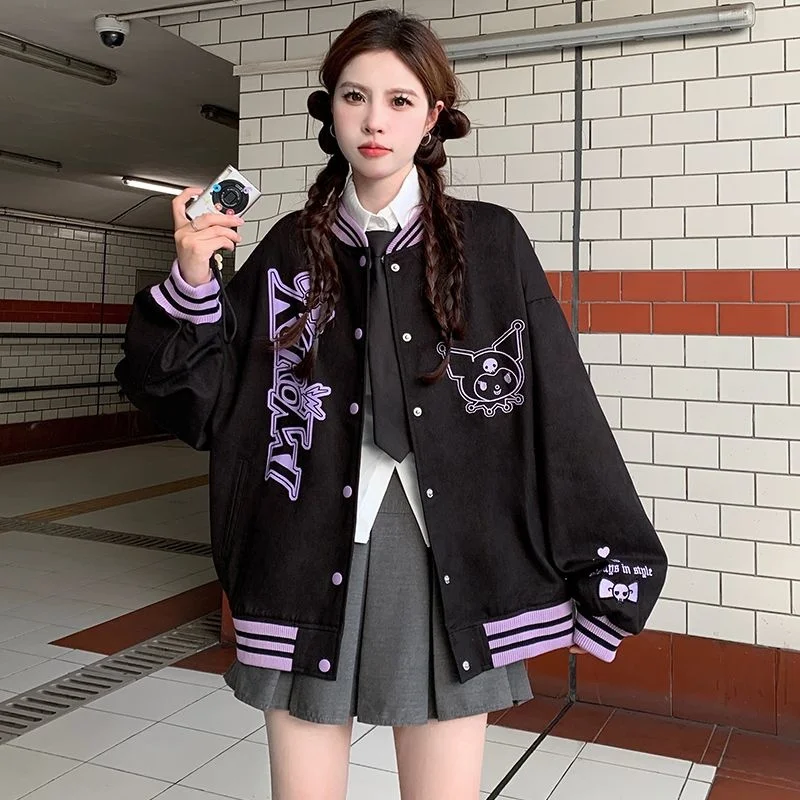 

Sanrio Kuromi Y2k Girl Baseball Uniform Black Sweet Cool Loose JK Academic Style Overcoat Cartoon Spring Autumn Women Jacket New