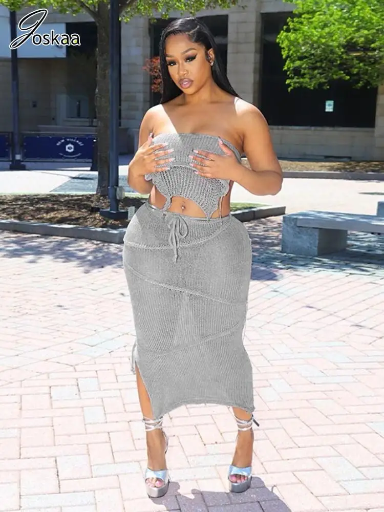 

Женский трикотажный комплект из двух предметов Joskaa, пляжный комплект из двух предметов, майка с открытой спиной и бандажная юбка макси, 2023 уличная одежда