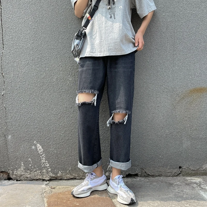 Classic Style Men's Straight Loose Fit Light Blue Jeans Spring and Summer New Korean Fashion Cropped Denim Wide Leg Pants