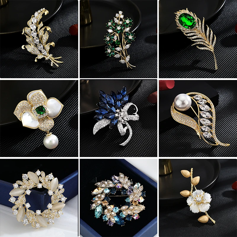 

Elegant Natural Shell Camellia Brooch Luxury Copper Micro-inlaid Zircon Flower Pearl Brooch for Women Accessories Coat Ornament