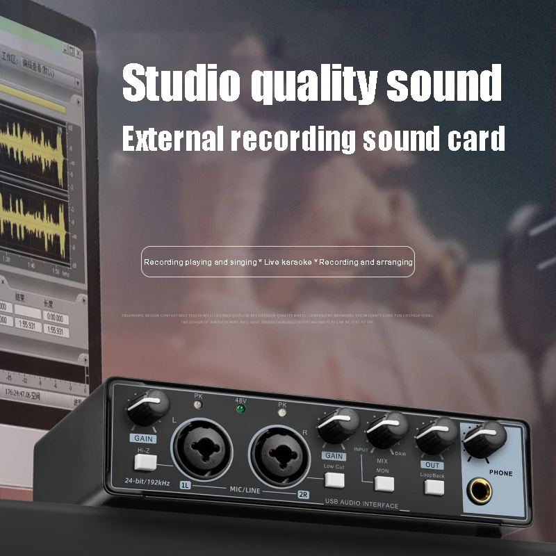 

Audio Interface for Recording Portable Professional Sound Card with Loopback Monitor 48V Phantom for Audio Equipment Guitar