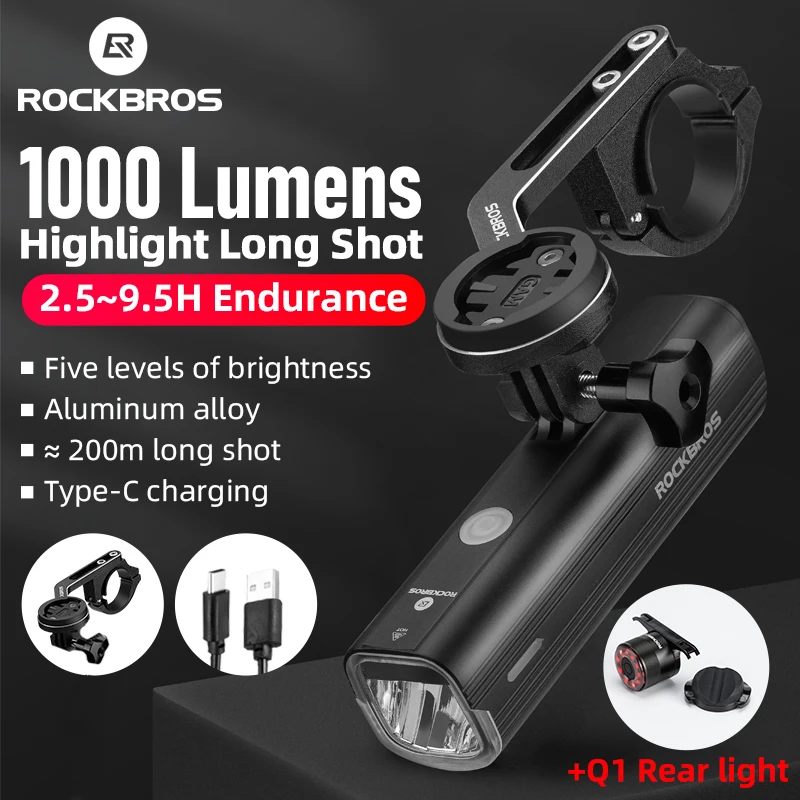 

ROCKBROS Bicycle Front Light Rainproof USB Rechargeable Bike Light 1000LM Cycling Headlight LED 4800mAh Flashlight MTB Bike Lamp