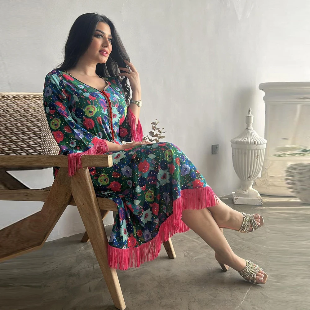 Рамадан этнический Саудовская Женская абайя Элегантный принт кисточки