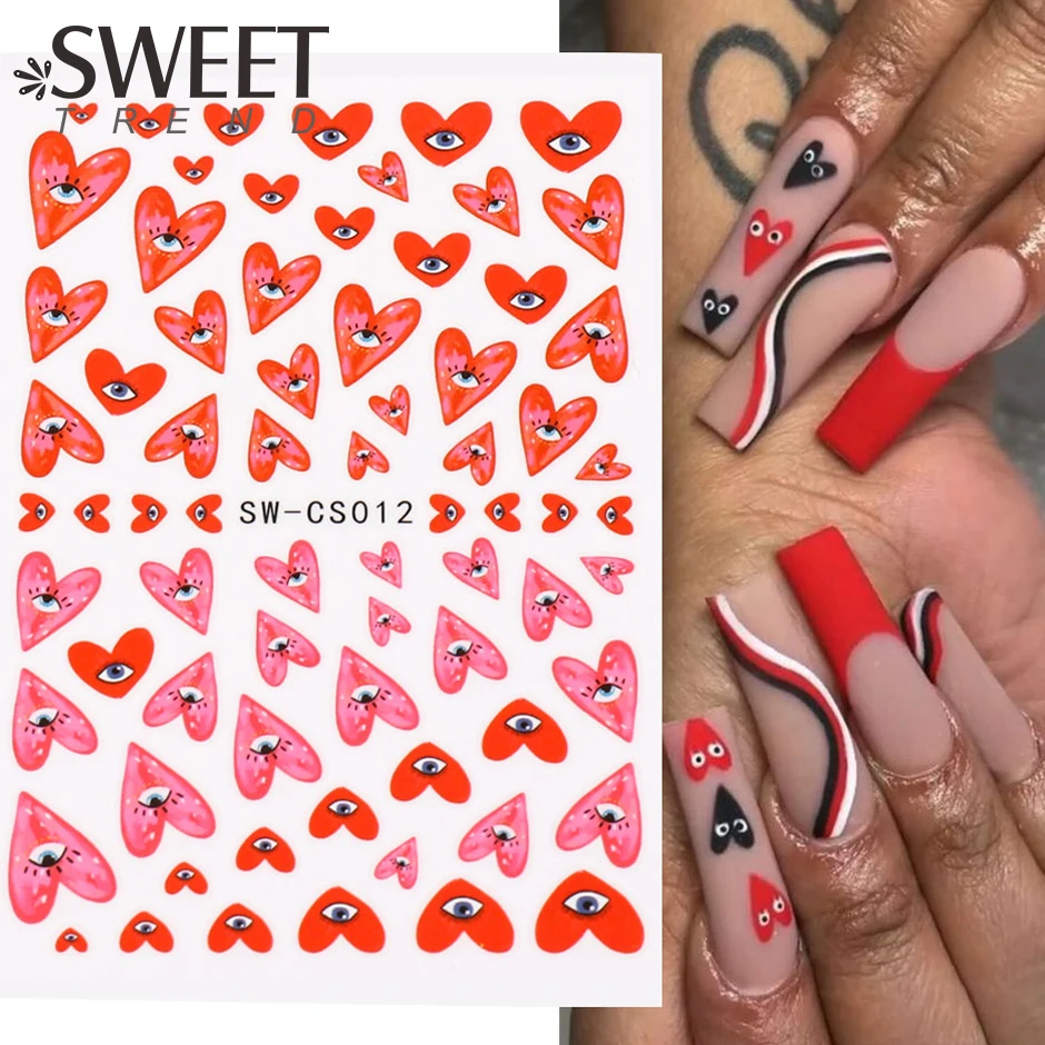 

1pcs Evil Eye Red Heart Nail Stickers Cute Design Valentine Sliders for Nails Decoration Decals 3D Adhesive Manicure SWSW-CS012