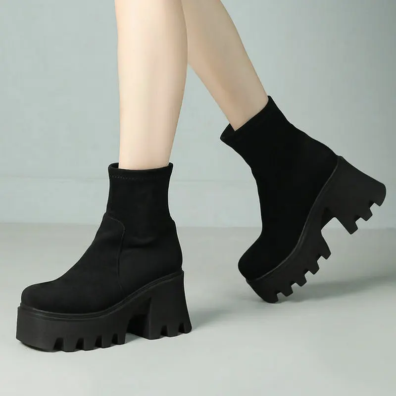 Женские ботильоны на платформе, короткие ботинки из искусственной замши на толстом высоком каблуке, модная классическая женская обувь с квадратным носком, черная обувь, 2024