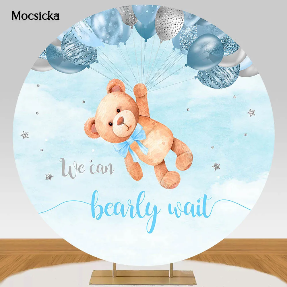 

Mocsicka Bear Baby Shower Round Backdrop We Can Bearly Wait Newborn Welcome Party Round Background Cover Blue Balloon Decoration