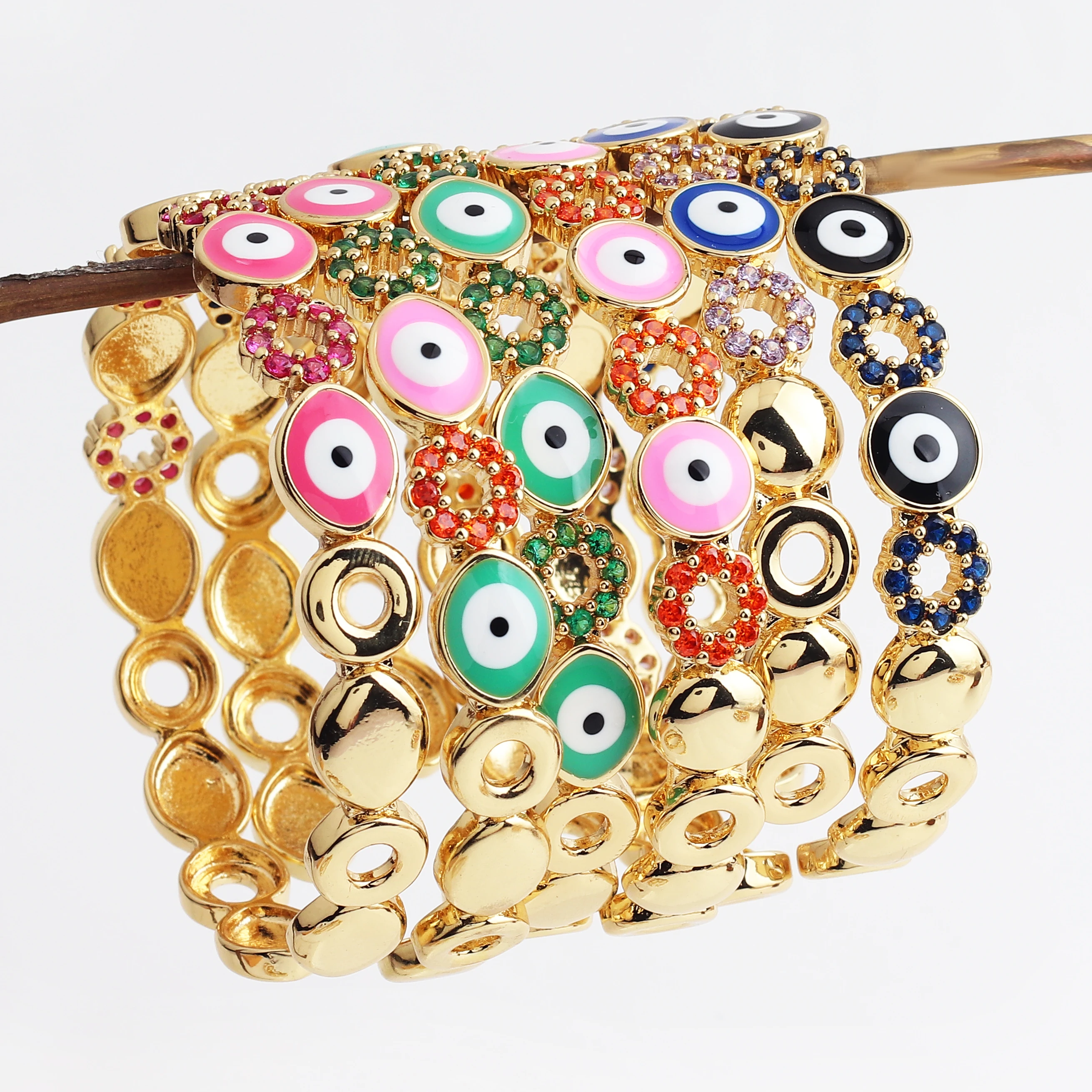 

2022 New Fashion 18K Gold Plated Colorful Enamel Lucky Turkish Evil Eye Heart Open Cuff Charm Bangle Bracelets For Women Jewelry