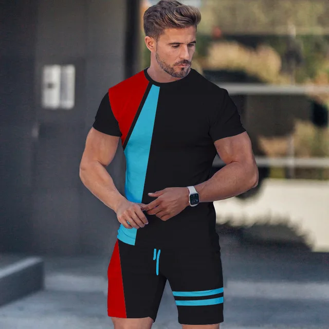 New Summer Stripe 3D Printed Men Loose Outdoor Jogging Streetwear T Shirt Short Sleeve Tracksuit Suit Breathable Casual Clothes