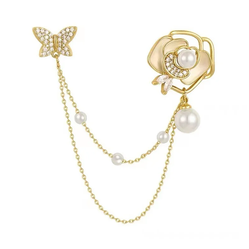 

High-end Hollow Pearl Camellia Flower Brooches for Women Butterfly Crystal Tassel Chain Lapel Pins Corsage Fashion Jewelry Gifts
