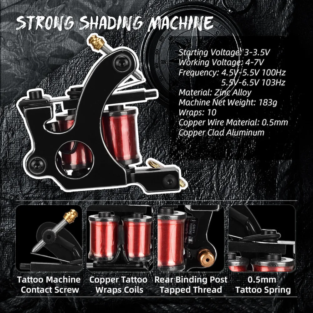 Professional Coil Tattoo Machine Guns For Shading Shader 10 Warps Iron Handmade Tattoo Machine 23000 R/M