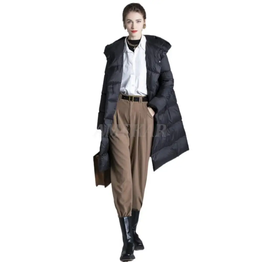 Women's Long Down Jacket  Winter 2022 New Hickened Loose Slimming Eider Down Hooded Coat Loose Over-the-knee Long Down Jacket