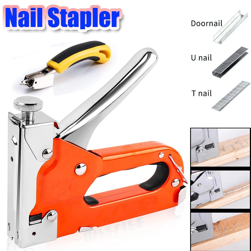 3 in 1 Stapler Gun with 600 Staples, Manual Brad Nailer Power Adjustment Stapler Gun for Wood, Crafts, Carpentry, Decoration DIY