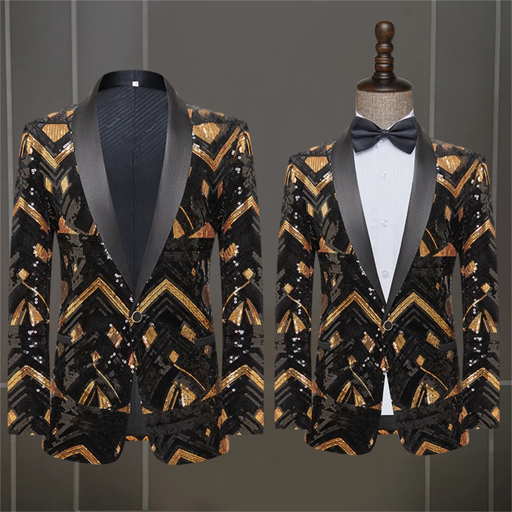 Men's Black Gold Sequin Suit Jacket Performance Dress Host Nightclub DJ Studio Photography Suit Plus Size Blazer