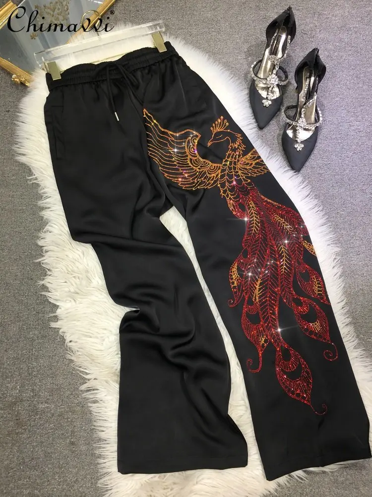 European Heavy Hot Drilling Wide-Leg Pants Women's Black Fashion Phoenix High Waist Large Size Versatile Long Pants 2023 Summer