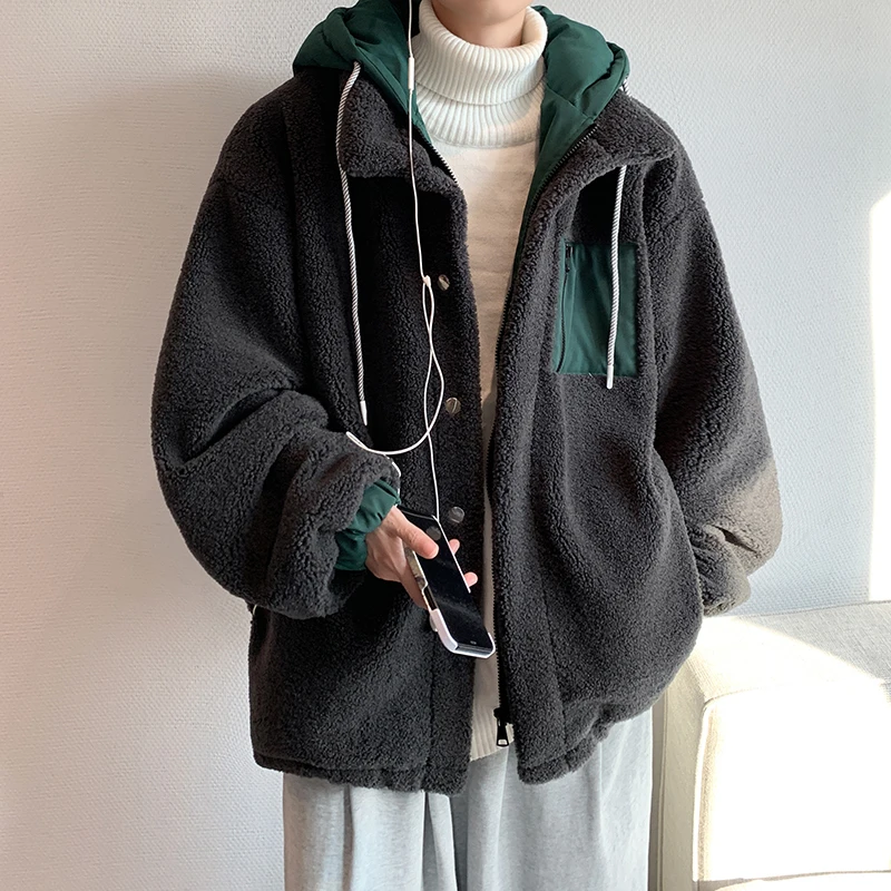 Winter Jacket Men Warm Fashion Casual Thickened Lamb Wool Jackets Mens Streetwear Korean Loose Thick Hooded Short Coat Men M-2XL